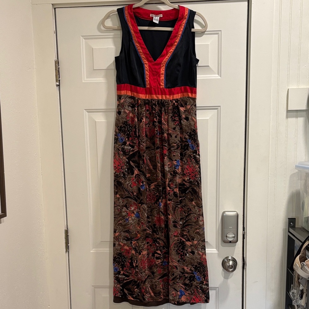 Kensie 100% Silk Maxi Dress M Black Bodice Empire Waist Earthy Floral